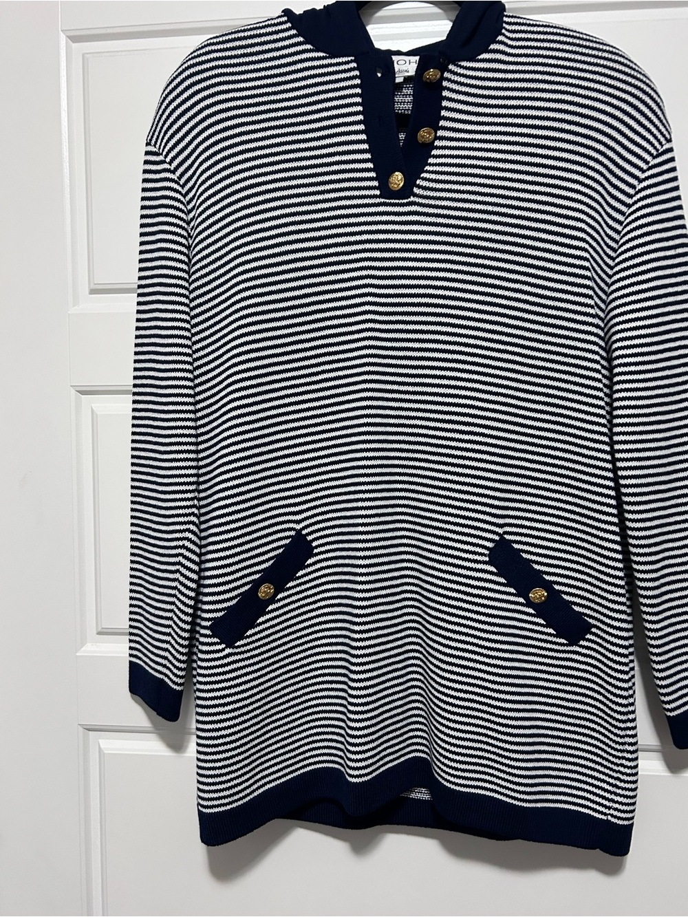 Striped Navy and White Sweater with Button Placket